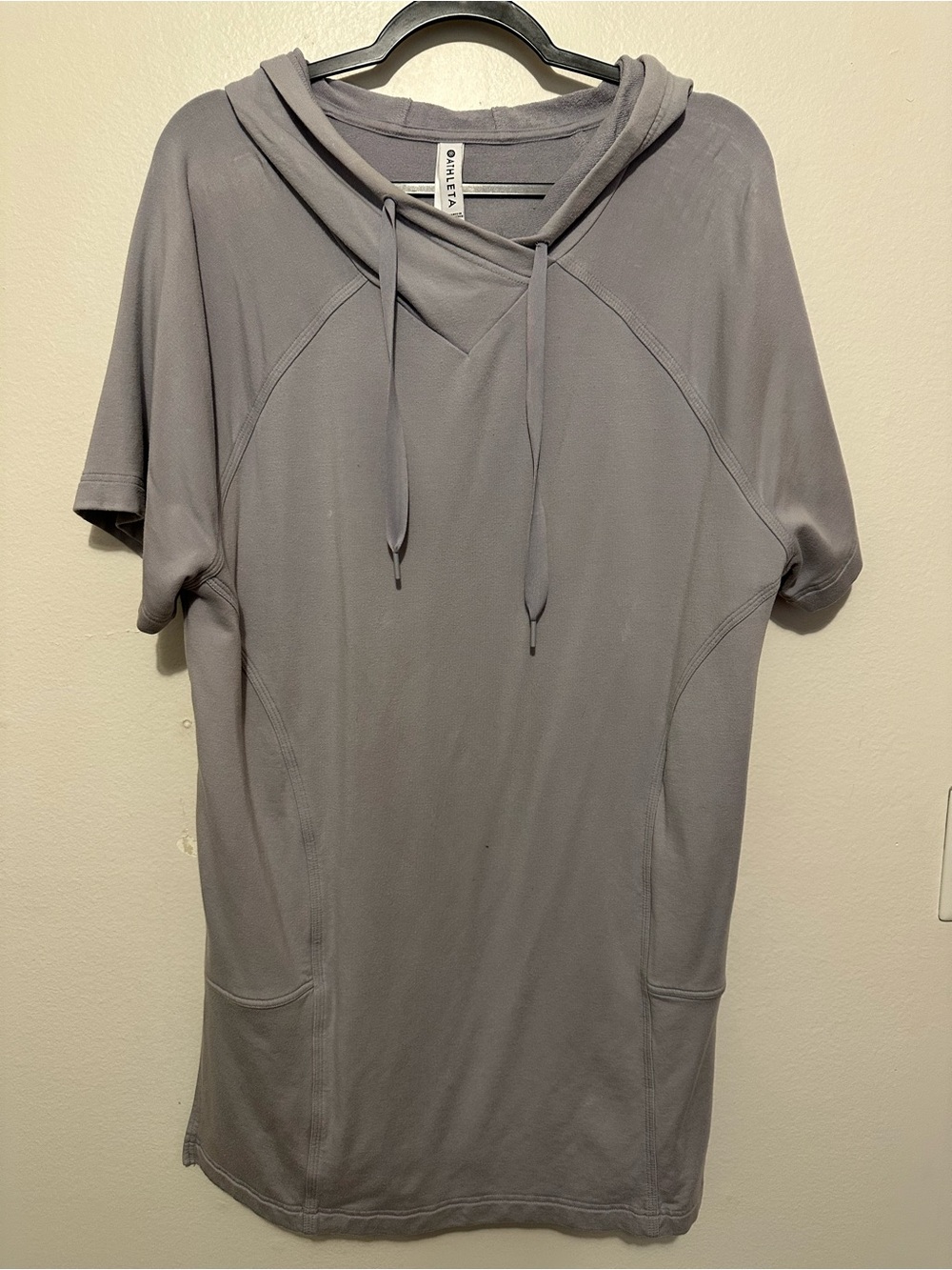 Athleta Cabana Tunic Hoodie Dress Women's Short Sleeve Gray Pockets M